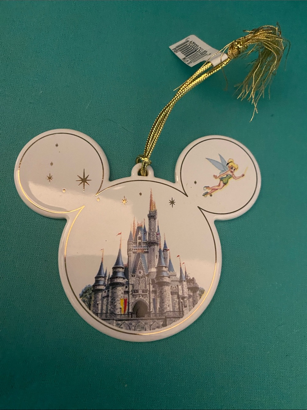 Vintage Disney White and Gold Mickey Castle Tinker Bell Ornament